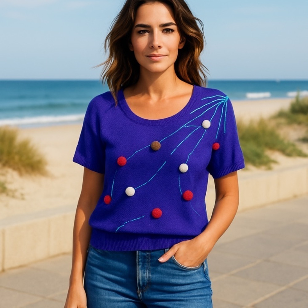 Vintage Textured Knit Short-Sleeve Sweater Abstract Embroidery & 3D Accents